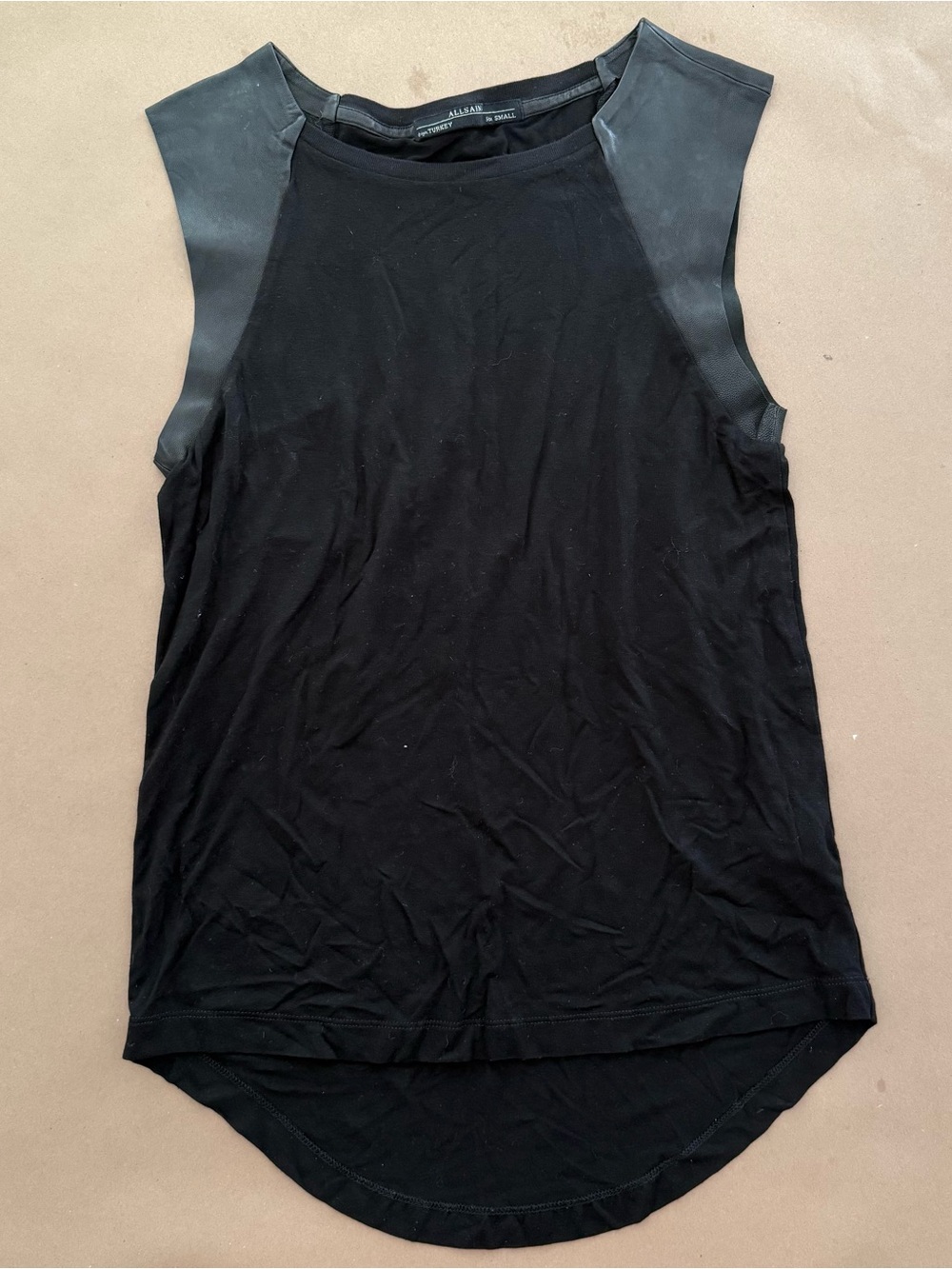 All Saints Black Tank with Leather Shoulder Panels